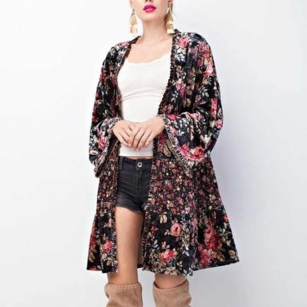 Boho Gypsy Black Floral Kimono Cardigan Tunic